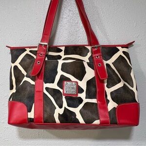 Dooney & Bourke Giraffe Print Large Purse Tote Bag Red Leather Shoulder Strap